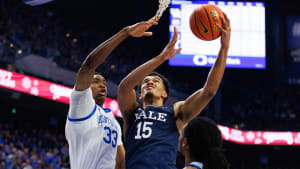 New Gators and former Yale forward EJ Jarvis attacks the basket against Kentucky during the 2022-23 season. He posted 12 points on 50% from the floor, seven rebounds and one assist in that contest.